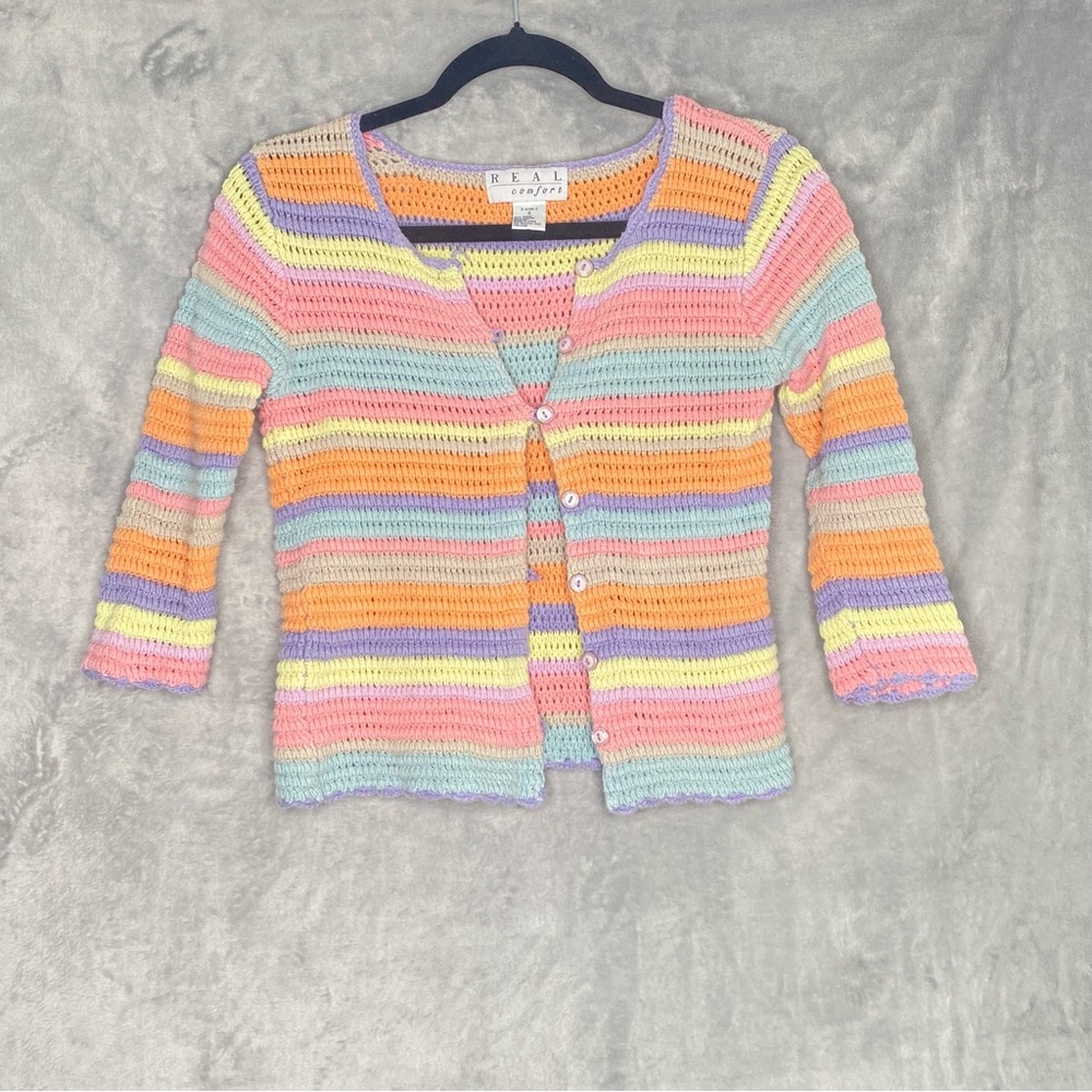 VTG Real Comfort Ramie Open Knit Cardigan Crochet Sz S Preppy Pastel Colors